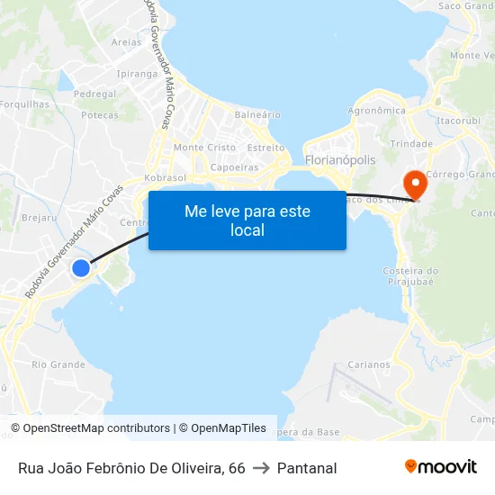 Rua João Febrônio De Oliveira, 66 to Pantanal map