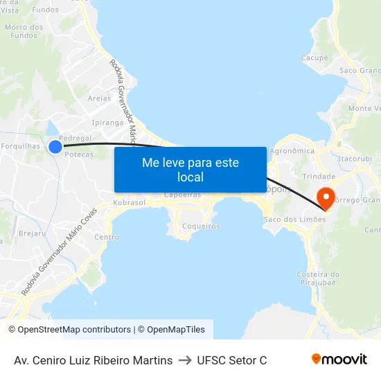 Av. Ceniro Luiz Ribeiro Martins to UFSC Setor C map