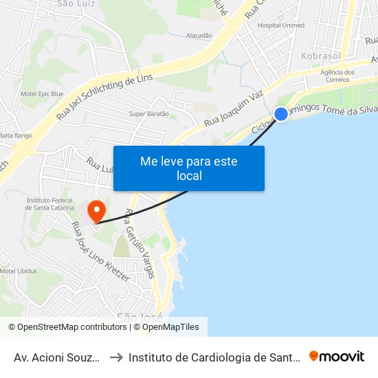Av. Acioni Souza Filho to Instituto de Cardiologia de Santa Catarina map