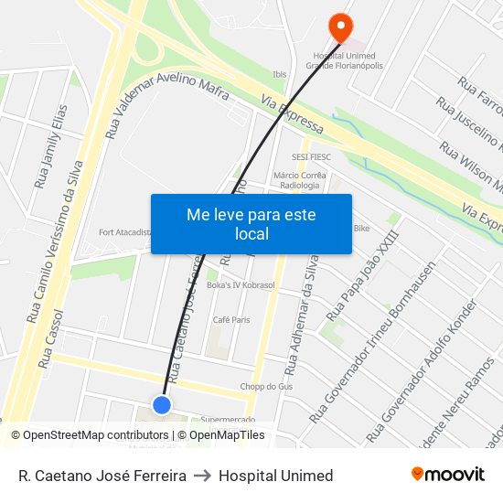 R. Caetano José Ferreira to Hospital Unimed map