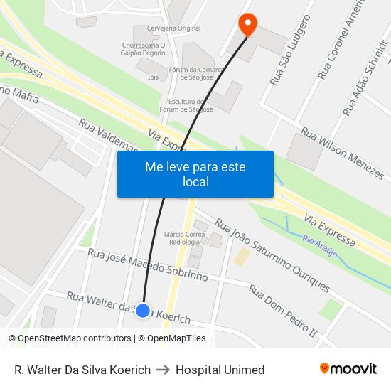 R. Walter Da Silva Koerich to Hospital Unimed map