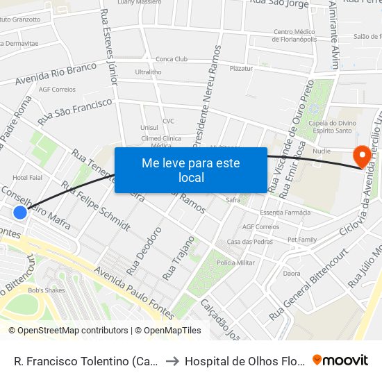 R. Francisco Tolentino (Casas D'Água) to Hospital de Olhos Florianópolis map