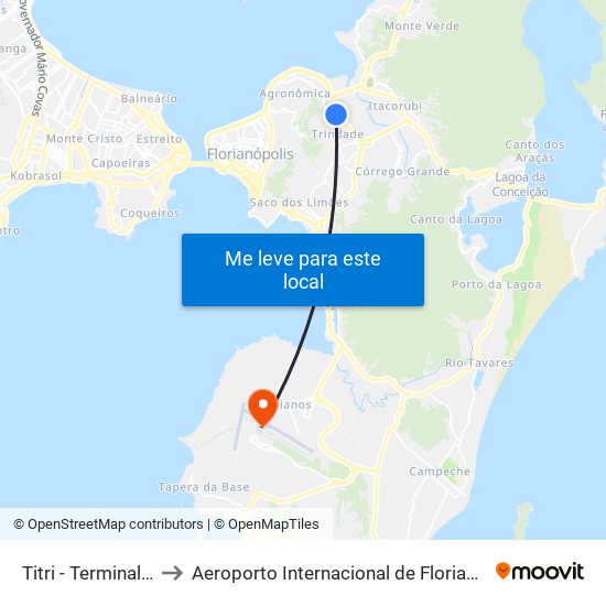 Titri - Terminal Trindade to Aeroporto Internacional de Florianópolis / Hercílio Luz map