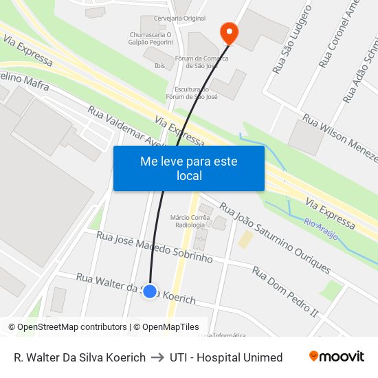 R. Walter Da Silva Koerich to UTI - Hospital Unimed map