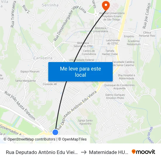 Rua Deputado Antônio Edu Vieira, 94 (001) to Maternidade HU - UFSC map
