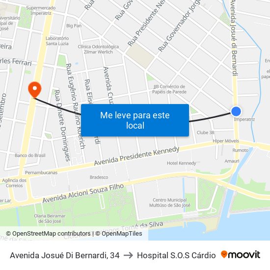 Avenida Josué Di Bernardi, 34 to Hospital S.O.S Cárdio map