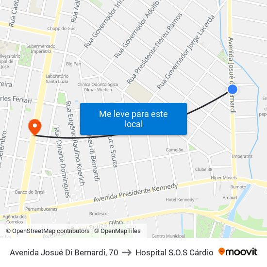Avenida Josué Di Bernardi, 70 to Hospital S.O.S Cárdio map