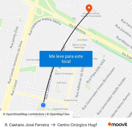 R. Caetano José Ferreira to Centro Cirúrgico Hugf map