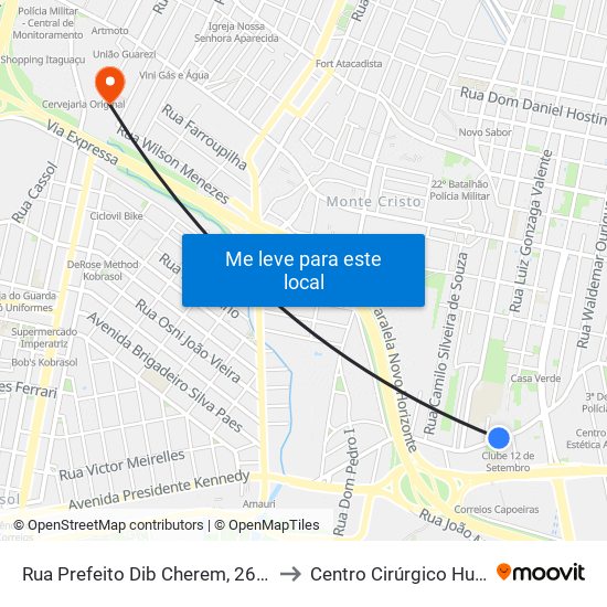 Rua Prefeito Dib Cherem, 2698 to Centro Cirúrgico Hugf map