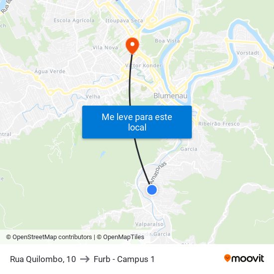 Rua Quilombo, 10 to Furb - Campus 1 map