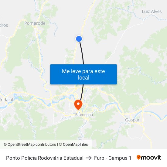 Ponto Policia Rodoviária Estadual to Furb - Campus 1 map