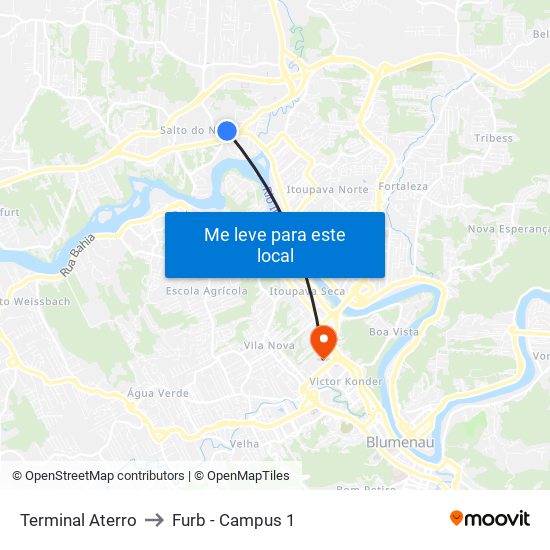 Terminal Aterro to Furb - Campus 1 map
