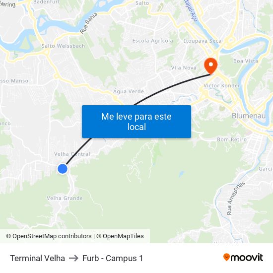 Terminal Velha to Furb - Campus 1 map