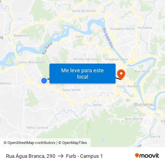 Rua Água Branca, 290 to Furb - Campus 1 map