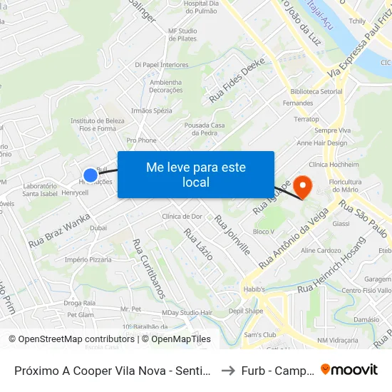 Próximo A Cooper Vila Nova - Sentido Centro to Furb - Campus 1 map