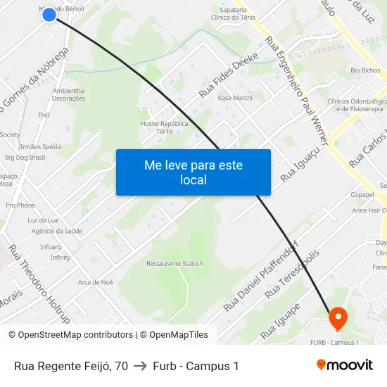Rua Regente Feijó, 70 to Furb - Campus 1 map