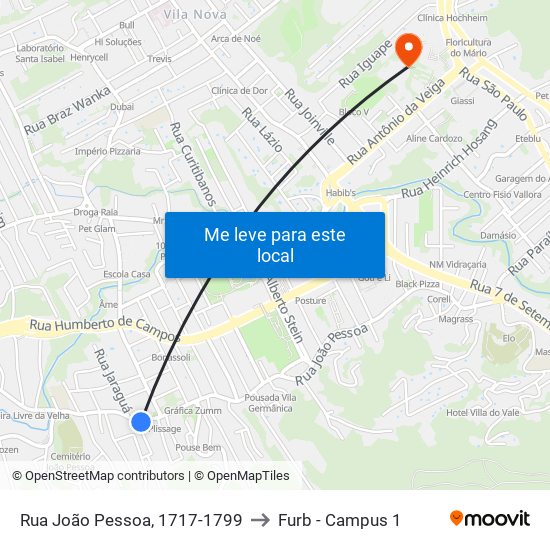 Rua João Pessoa, 1717-1799 to Furb - Campus 1 map