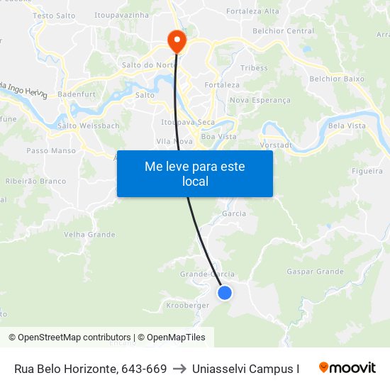 Rua Belo Horizonte, 643-669 to Uniasselvi Campus I map