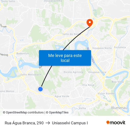 Rua Água Branca, 290 to Uniasselvi Campus I map