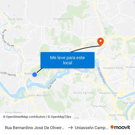 Rua Bernardino José De Oliveira, 629 to Uniasselvi Campus I map