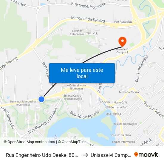 Rua Engenheiro Udo Deeke, 801-899 to Uniasselvi Campus I map