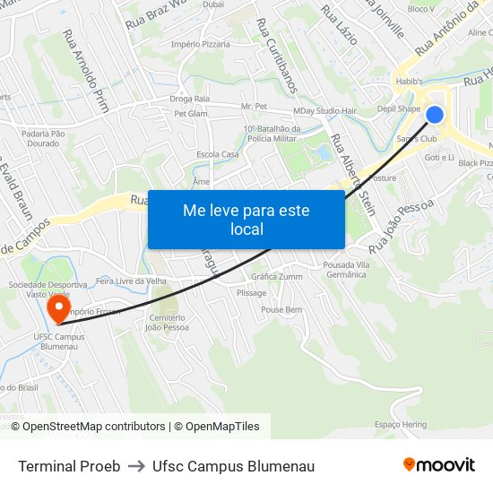 Terminal Proeb to Ufsc Campus Blumenau map