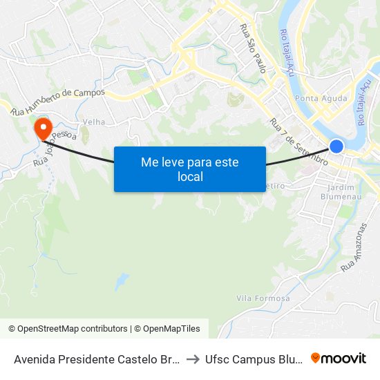 Avenida Presidente Castelo Branco, 504 to Ufsc Campus Blumenau map