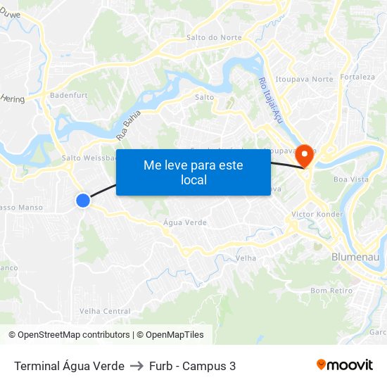 Terminal Água Verde to Furb - Campus 3 map