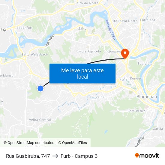 Rua Guabiruba, 747 to Furb - Campus 3 map