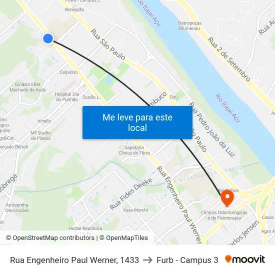 Rua Engenheiro Paul Werner, 1433 to Furb - Campus 3 map