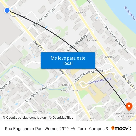 Rua Engenheiro Paul Werner, 2929 to Furb - Campus 3 map