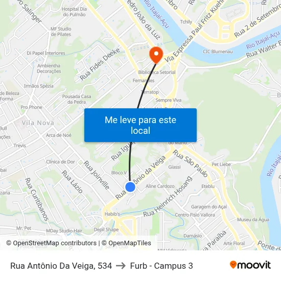 Rua Antônio Da Veiga, 534 to Furb - Campus 3 map