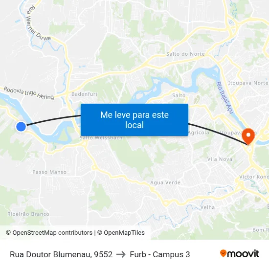 Rua Doutor Blumenau, 9552 to Furb - Campus 3 map