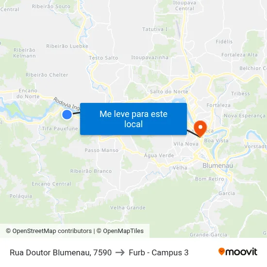 Rua Doutor Blumenau, 7590 to Furb - Campus 3 map