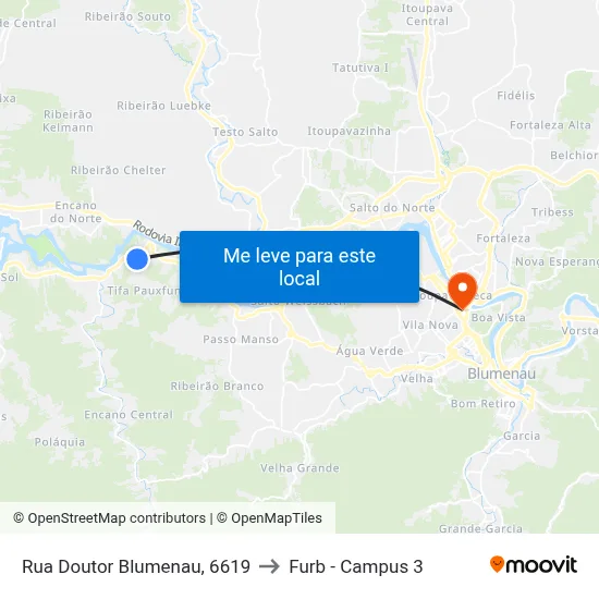 Rua Doutor Blumenau, 6619 to Furb - Campus 3 map