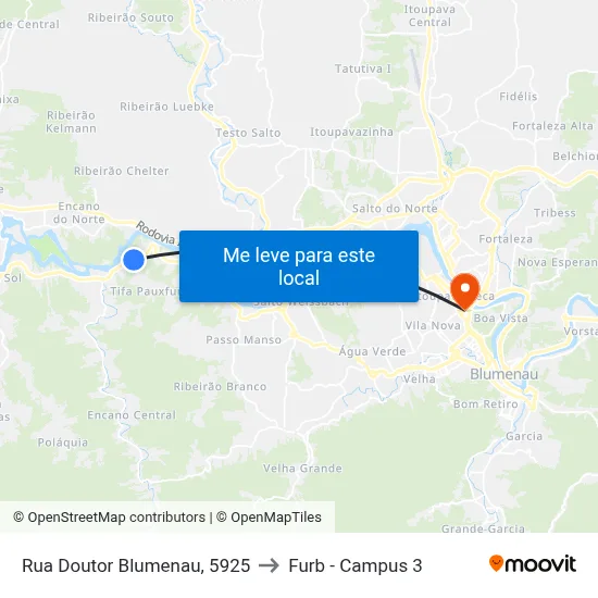 Rua Doutor Blumenau, 5925 to Furb - Campus 3 map