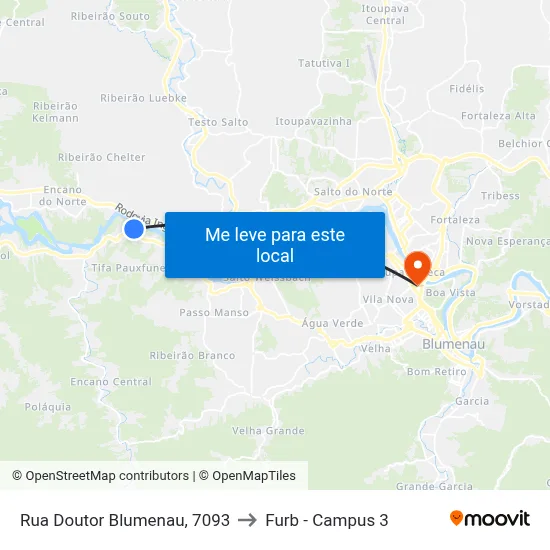 Rua Doutor Blumenau, 7093 to Furb - Campus 3 map