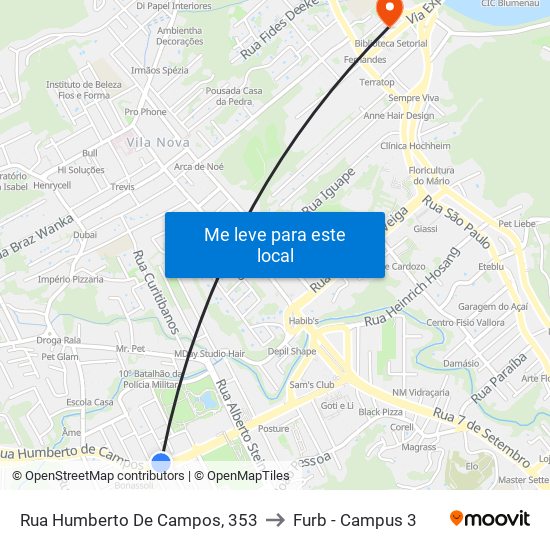 Rua Humberto De Campos, 353 to Furb - Campus 3 map