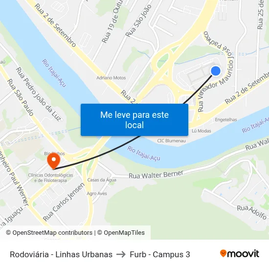 Rodoviária - Linhas Urbanas to Furb - Campus 3 map