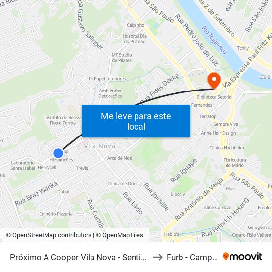 Próximo A Cooper Vila Nova - Sentido Bairro to Furb - Campus 3 map