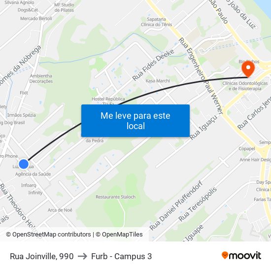 Rua Joinville, 990 to Furb - Campus 3 map