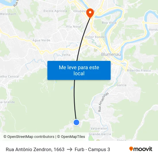 Rua Antônio Zendron, 1663 to Furb - Campus 3 map