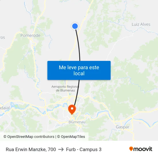 Rua Erwin Manzke, 700 to Furb - Campus 3 map