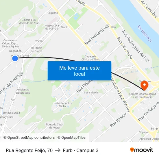 Rua Regente Feijó, 70 to Furb - Campus 3 map
