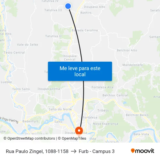 Rua Paulo Zingel, 1088-1158 to Furb - Campus 3 map