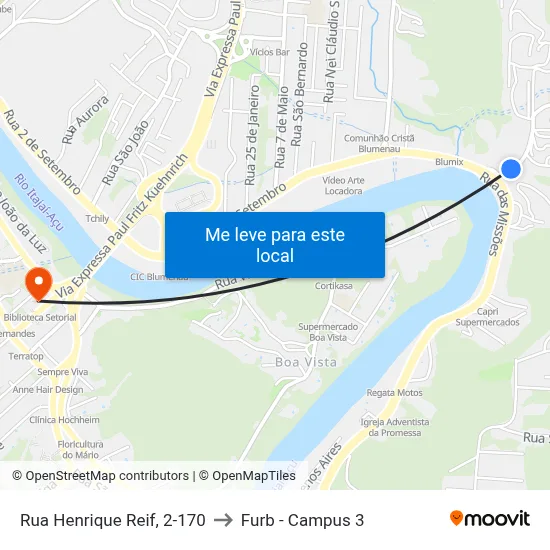 Rua Henrique Reif, 2-170 to Furb - Campus 3 map