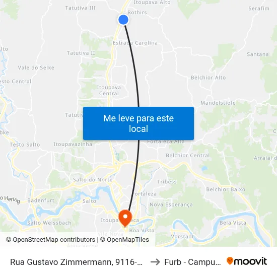 Rua Gustavo Zimmermann, 9116-9280 to Furb - Campus 3 map