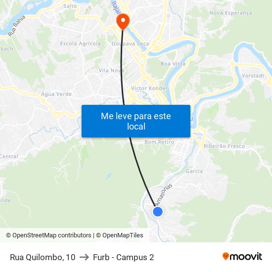 Rua Quilombo, 10 to Furb - Campus 2 map