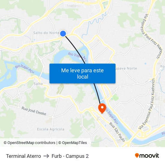 Terminal Aterro to Furb - Campus 2 map