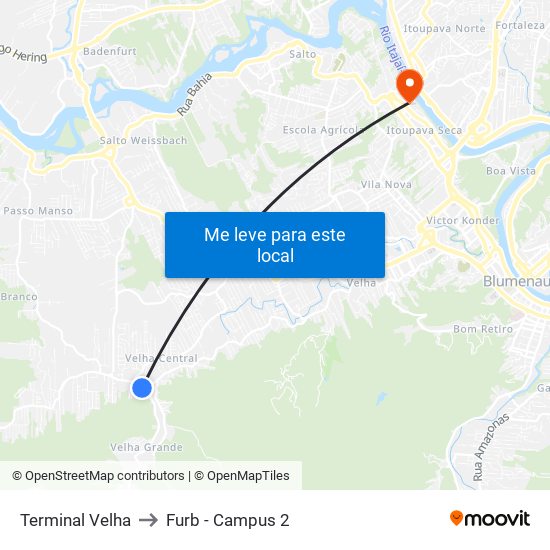 Terminal Velha to Furb - Campus 2 map